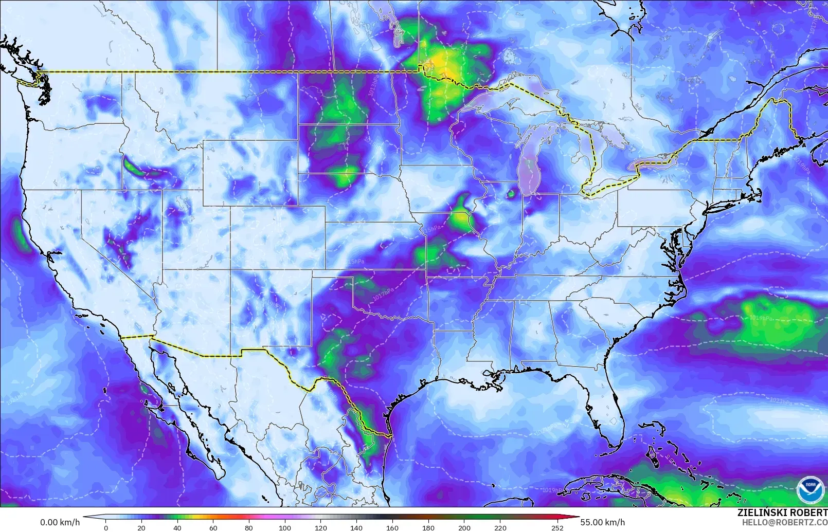 GFS model - United States, Wind Gusts Peak