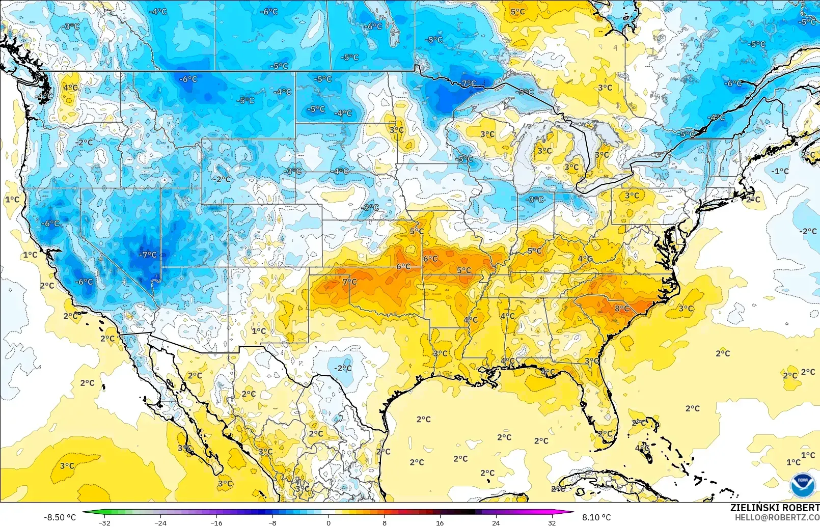 GFS model - United States, Temperature at 2m Anomaly
