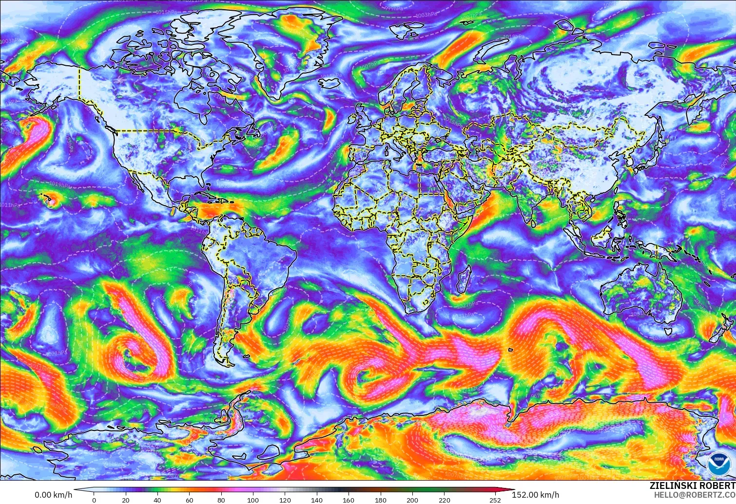 GFS model - World, Wind Gusts Peak