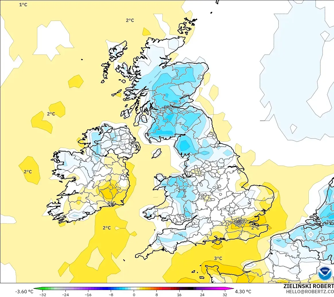 GFS model - United Kingdom, Temperature at 2m Anomaly