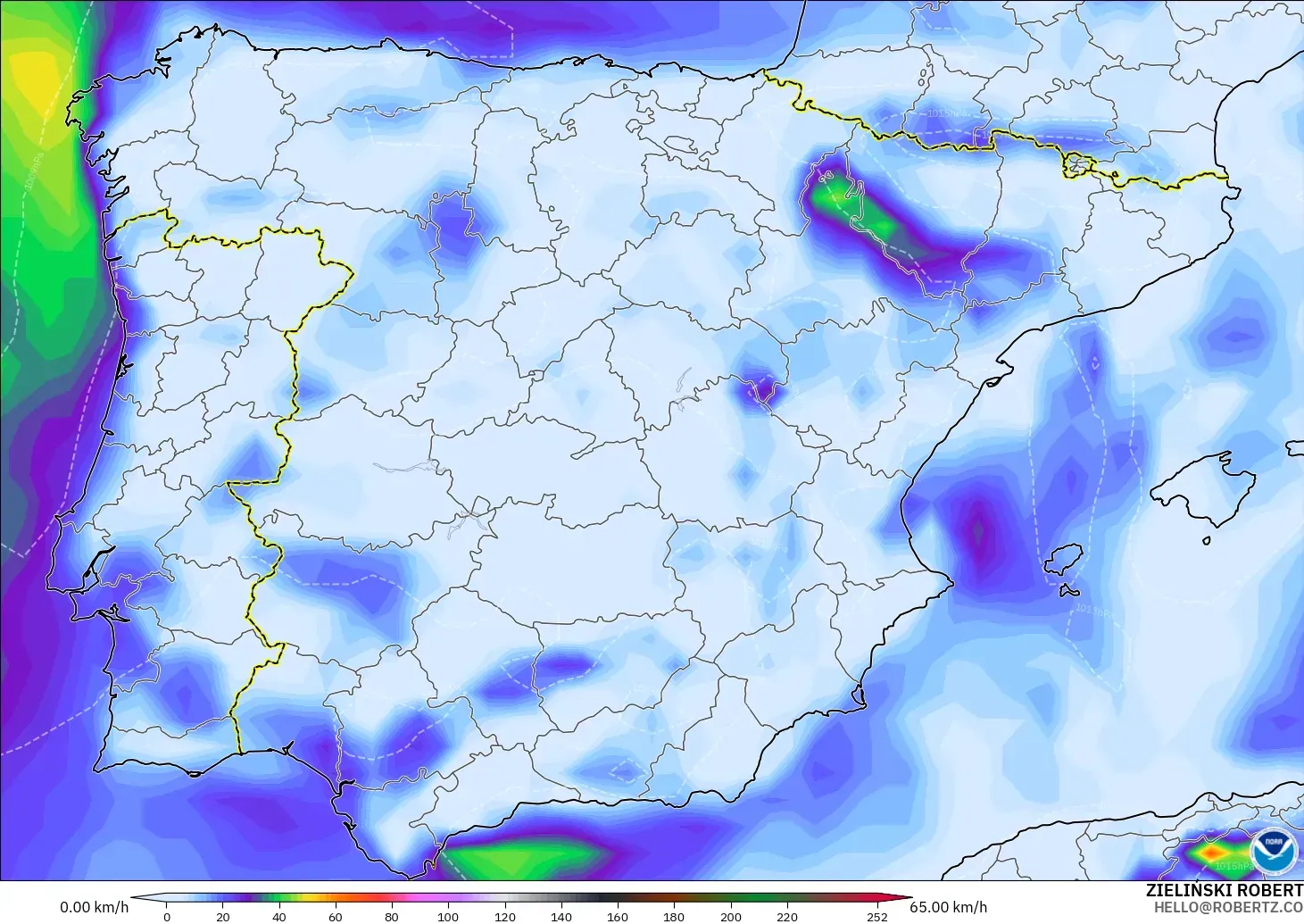 GFS model - Spain, Wind Gusts Peak