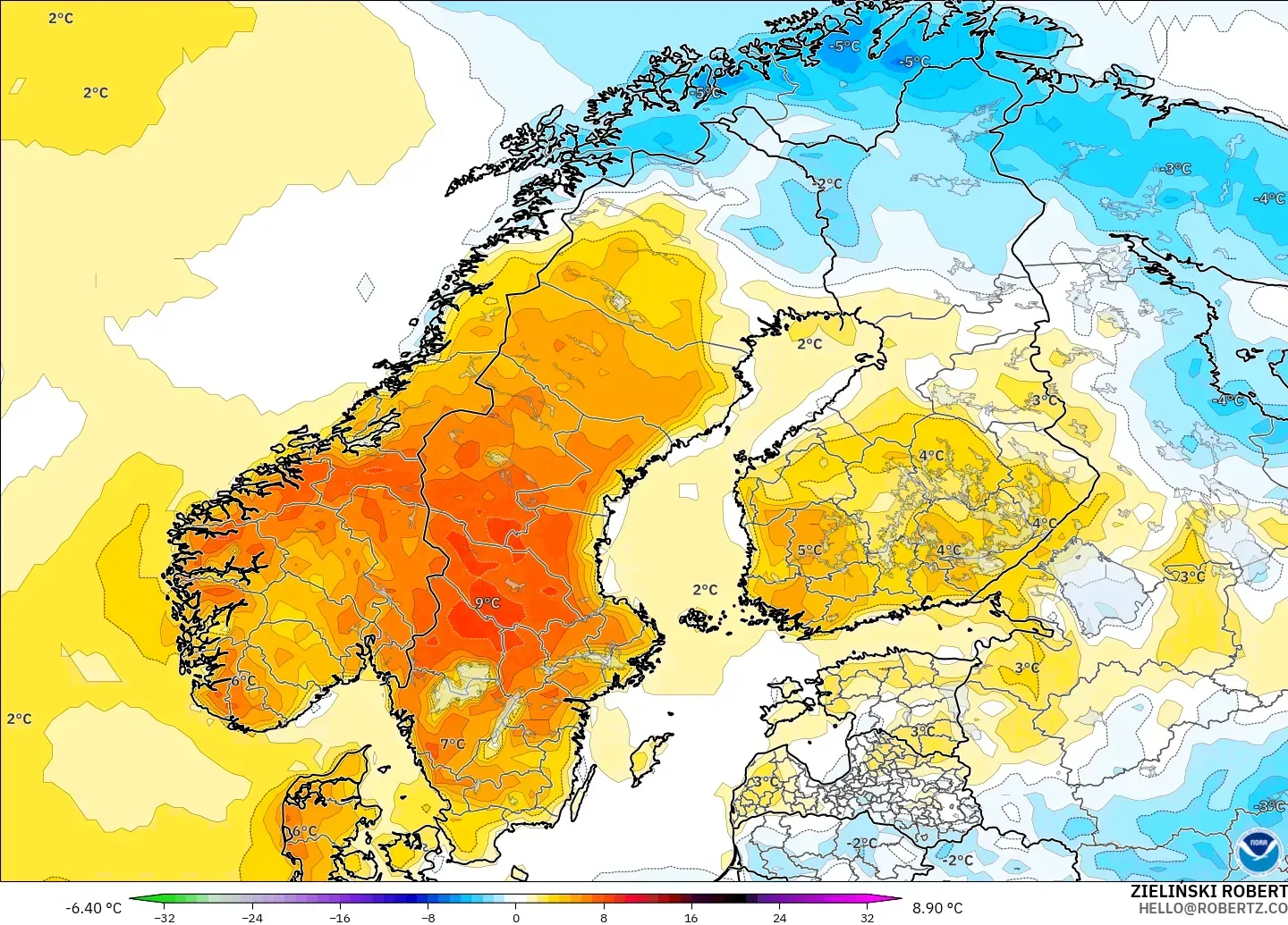 GFS model - Scandinavia, Temperature at 2m Anomaly