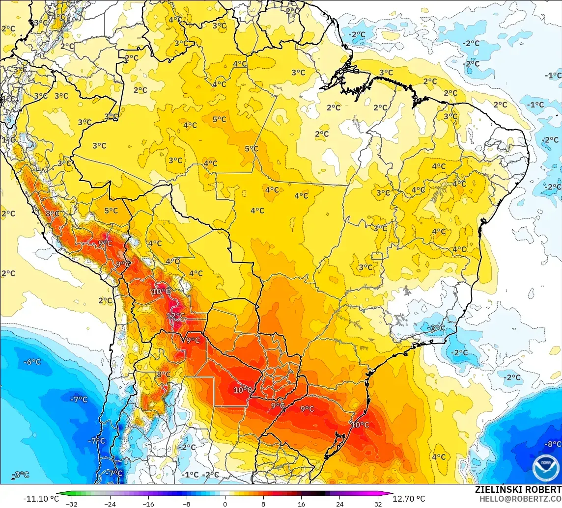 GFS model - Brazil, Temperature at 850hPa Anomaly