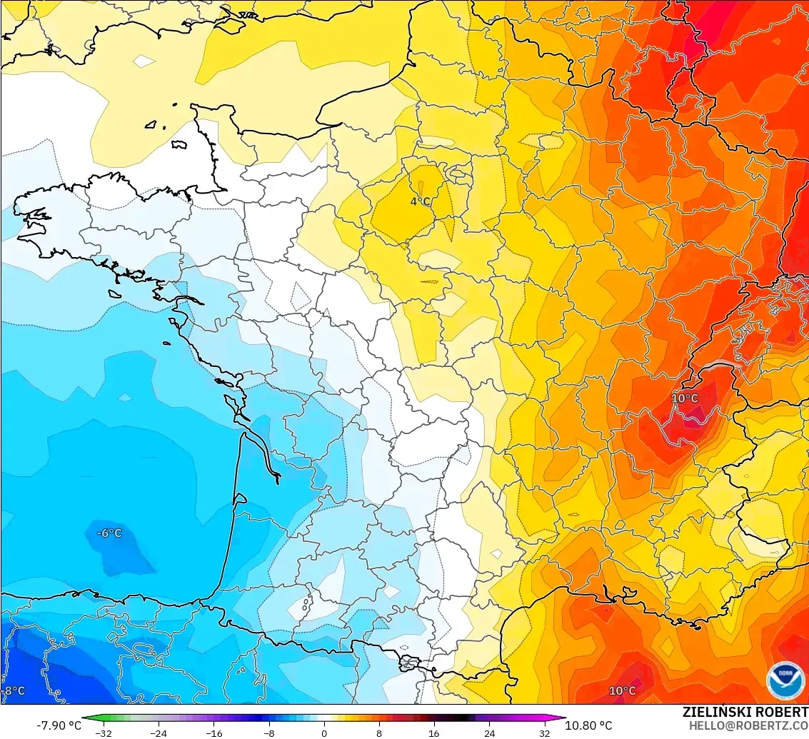 GFS model - France, Temperature at 850hPa Anomaly