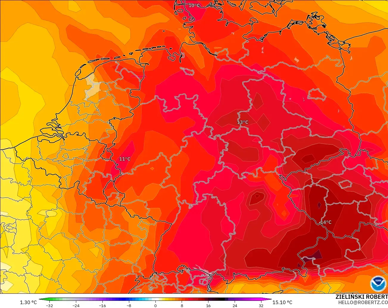 GFS model - Germany, Temperature at 850hPa Anomaly