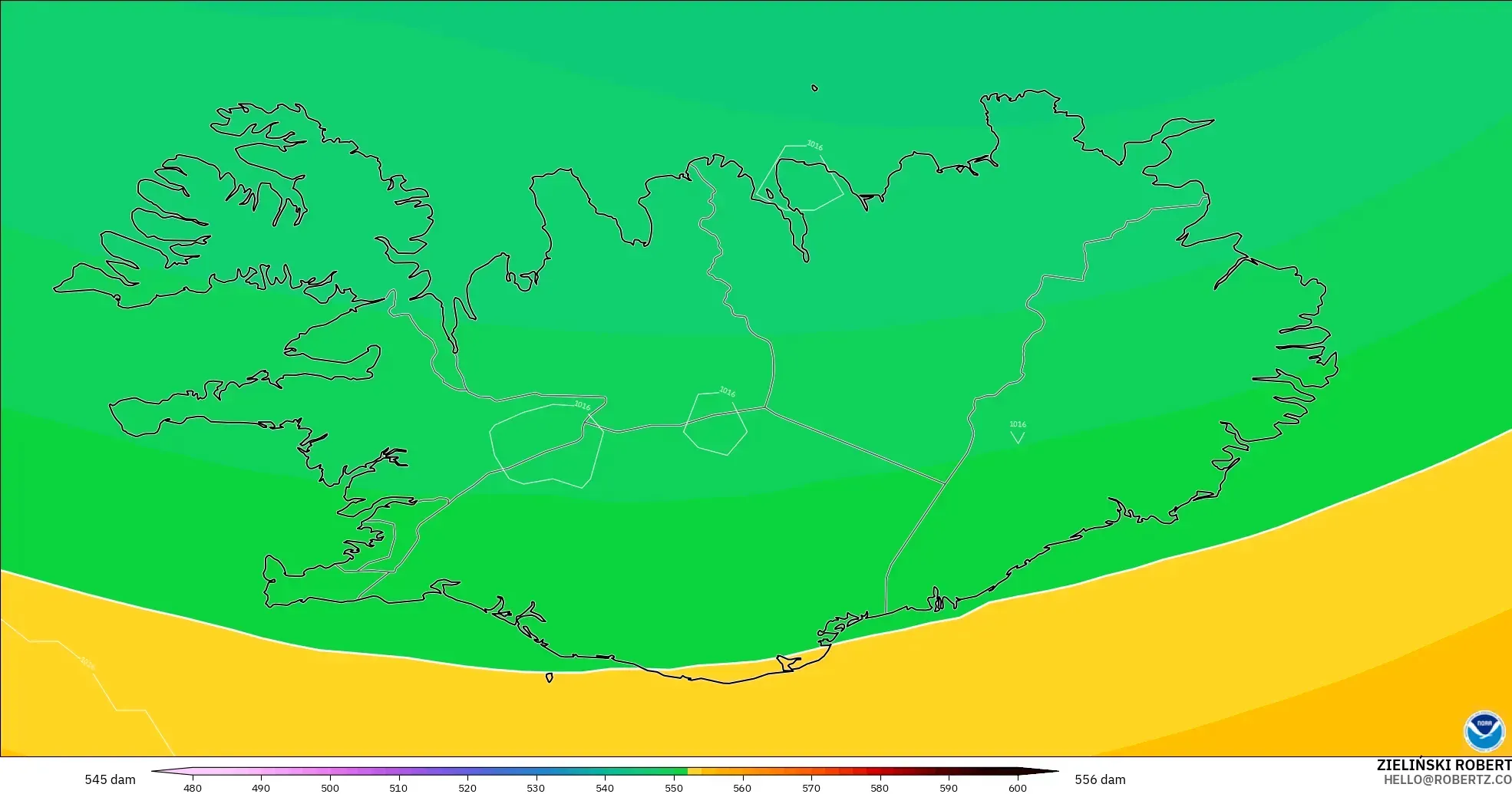 GFS model - Iceland, Geopotential height at 500hPa