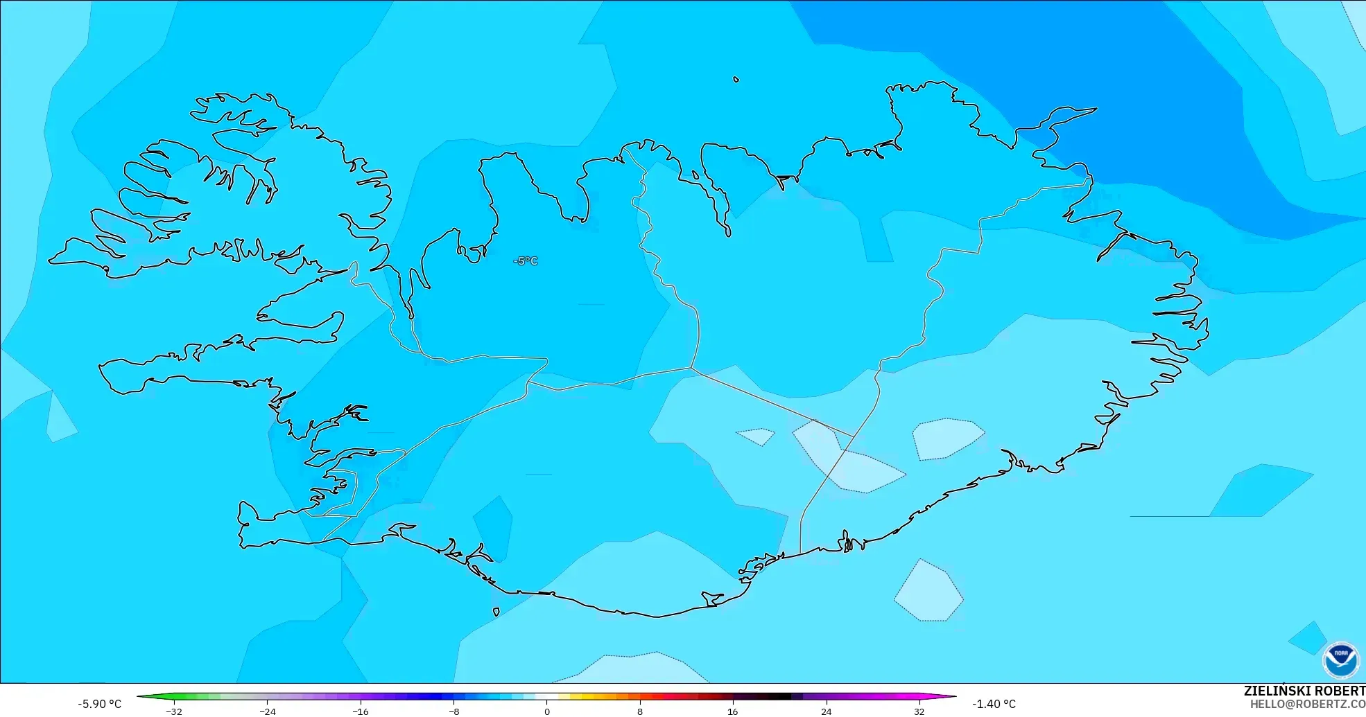 GFS model - Iceland, Temperature at 850hPa Anomaly