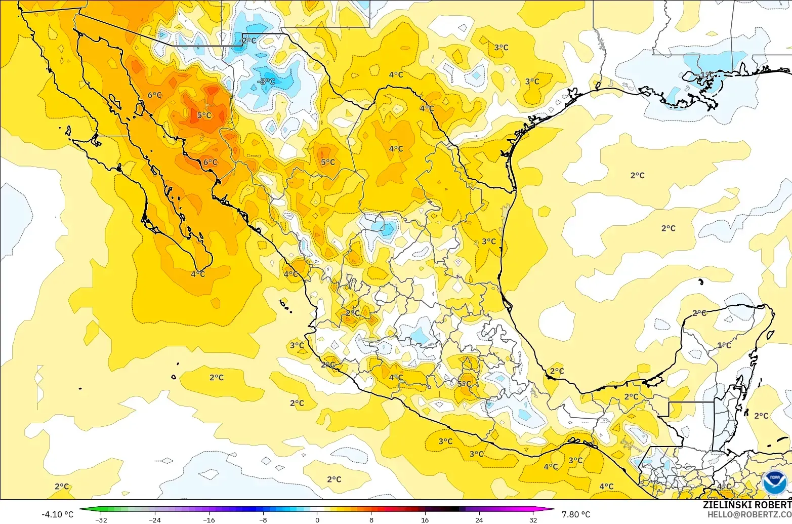 GFS model - Mexico, Temperature at 850hPa Anomaly