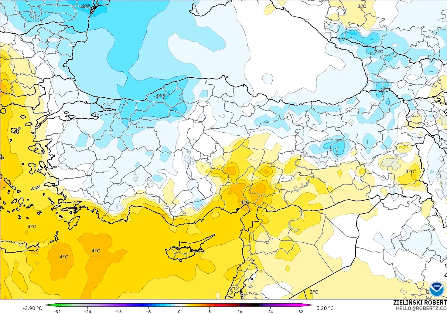 GFS model - Turkey, Temperature at 850hPa Anomaly
