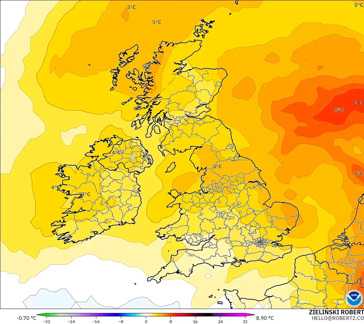 GFS model - United Kingdom, Temperature at 850hPa Anomaly