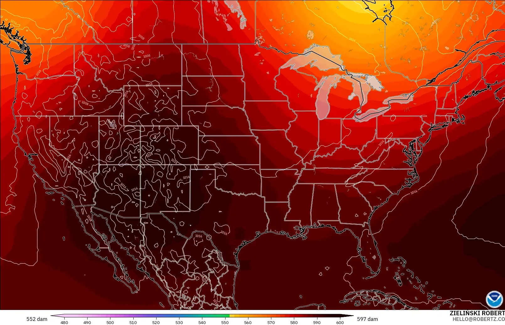 GFS model - United States, Geopotential height at 500hPa