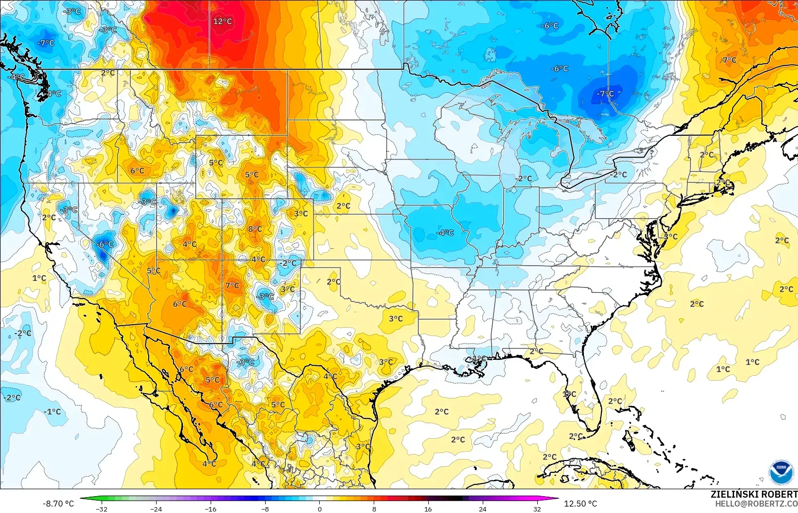 GFS model - United States, Temperature at 850hPa Anomaly