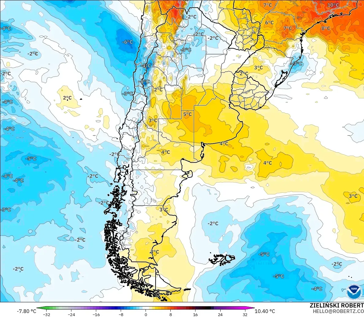 GFS model - Argentina, Temperature at 850hPa Anomaly