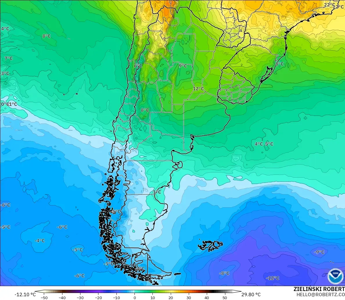 GFS model - Argentina, Temperature at 850hPa