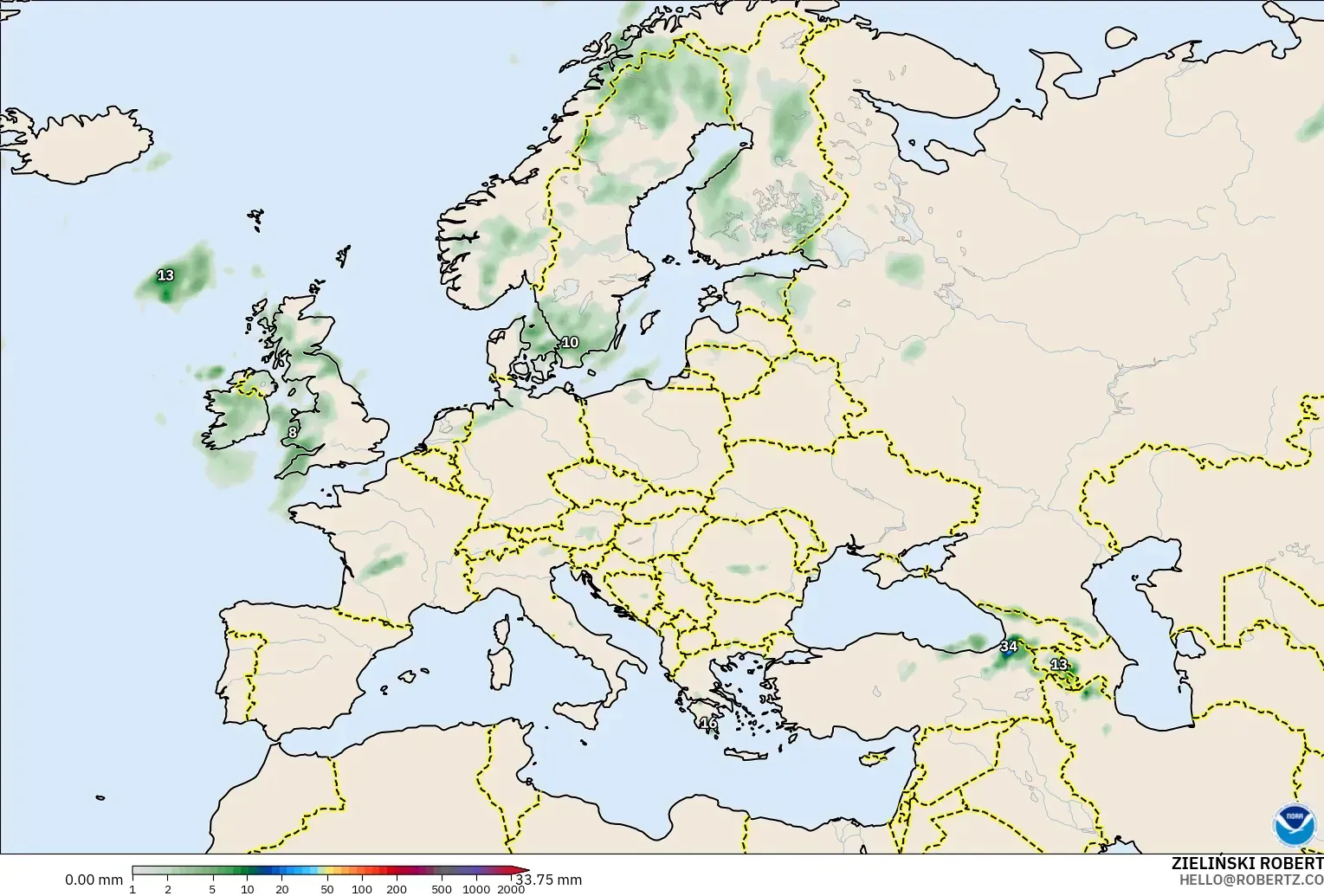 GFS model - Europe, Precipitation Accumulation