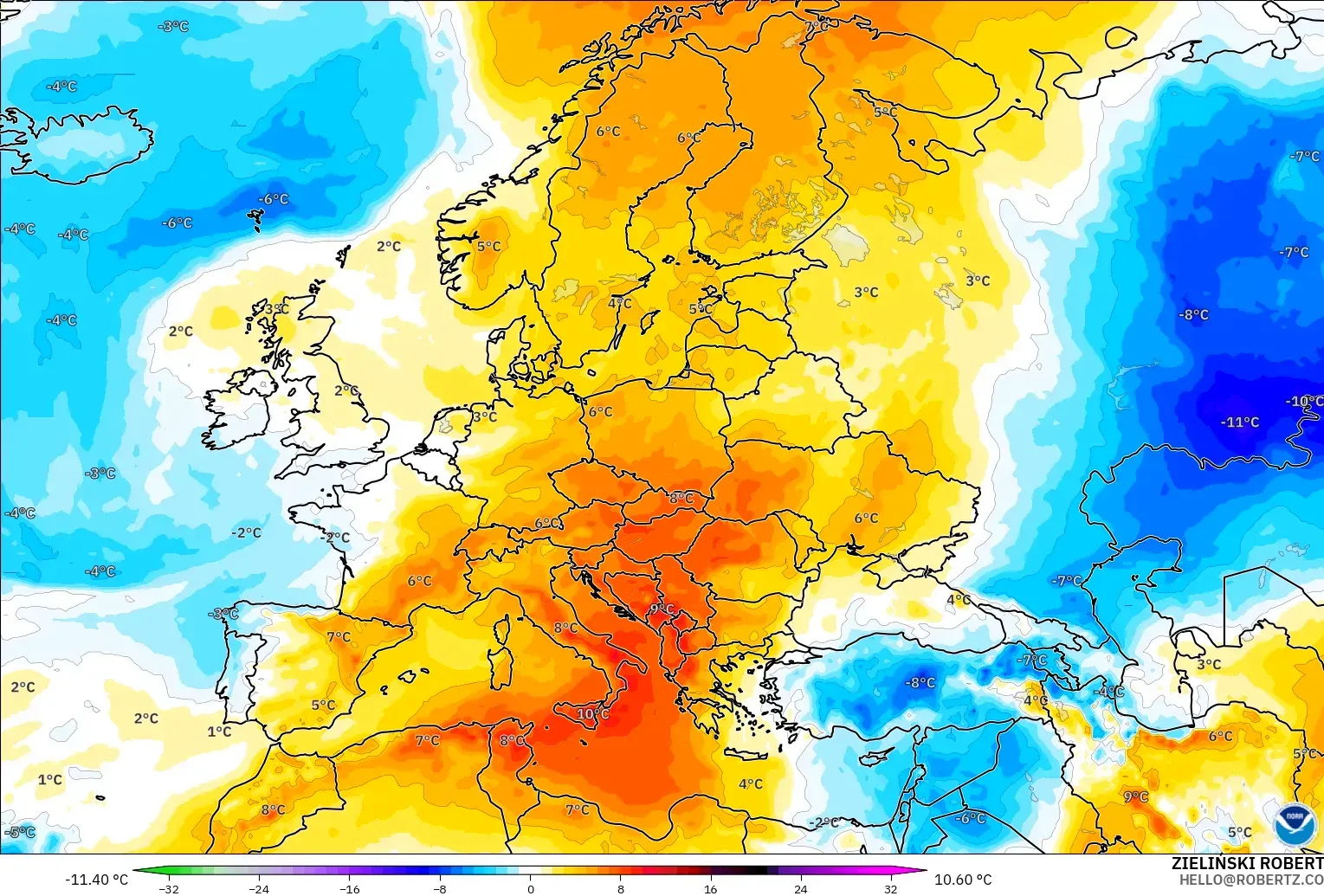 GFS model - Europe, Temperature at 850hPa Anomaly