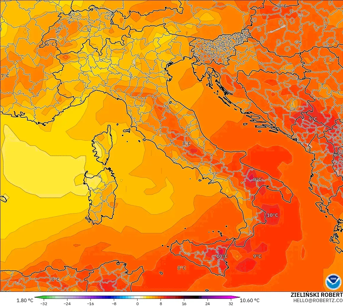 GFS model - Italy, Temperature at 850hPa Anomaly