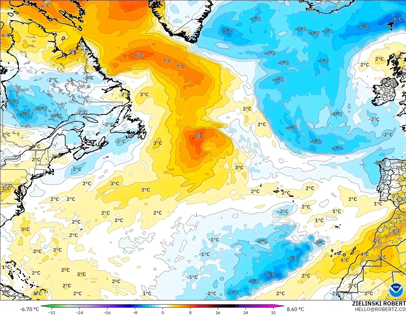 GFS model - North Atlantic, Temperature at 850hPa Anomaly