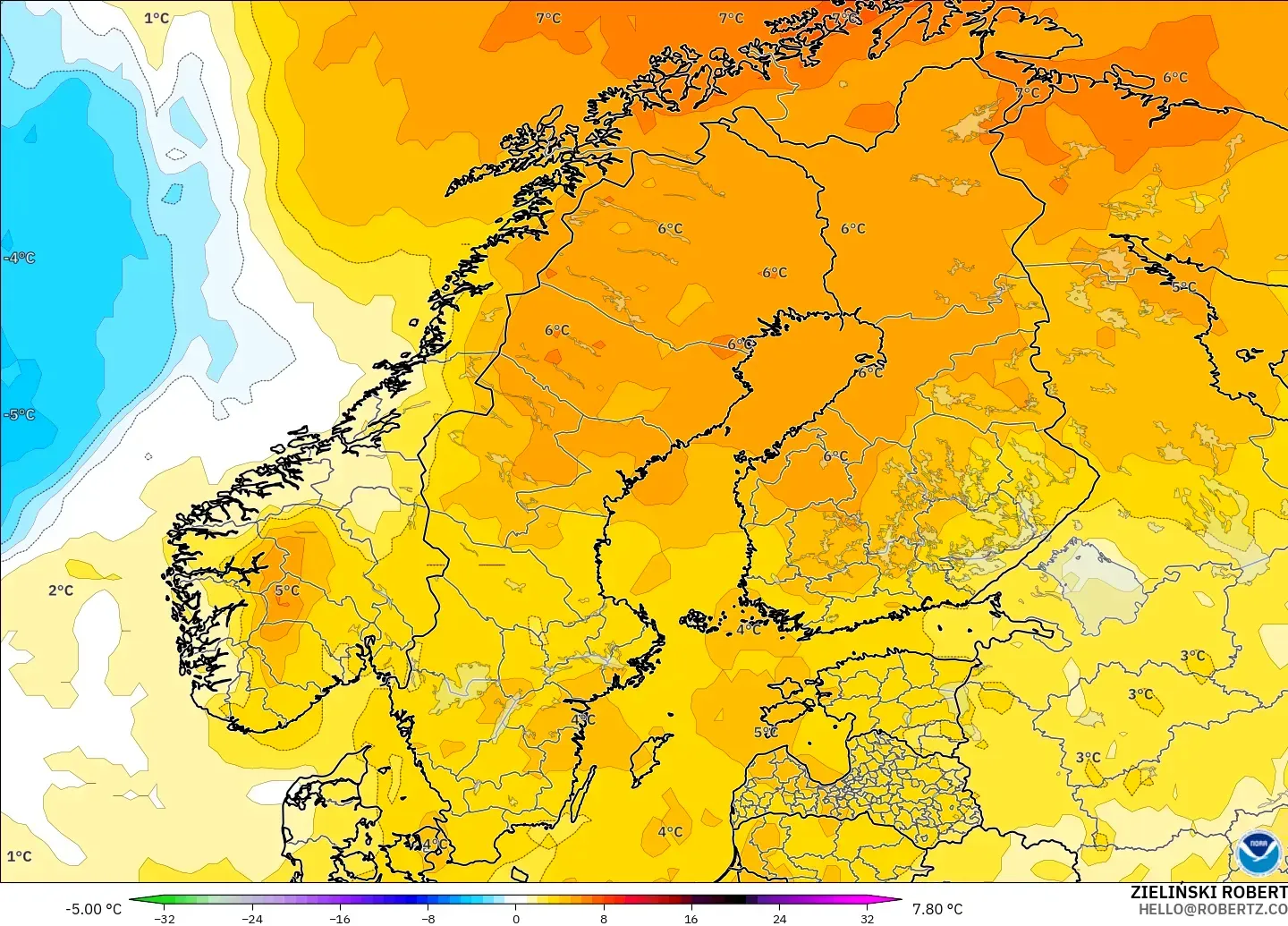 GFS model - Scandinavia, Temperature at 850hPa Anomaly