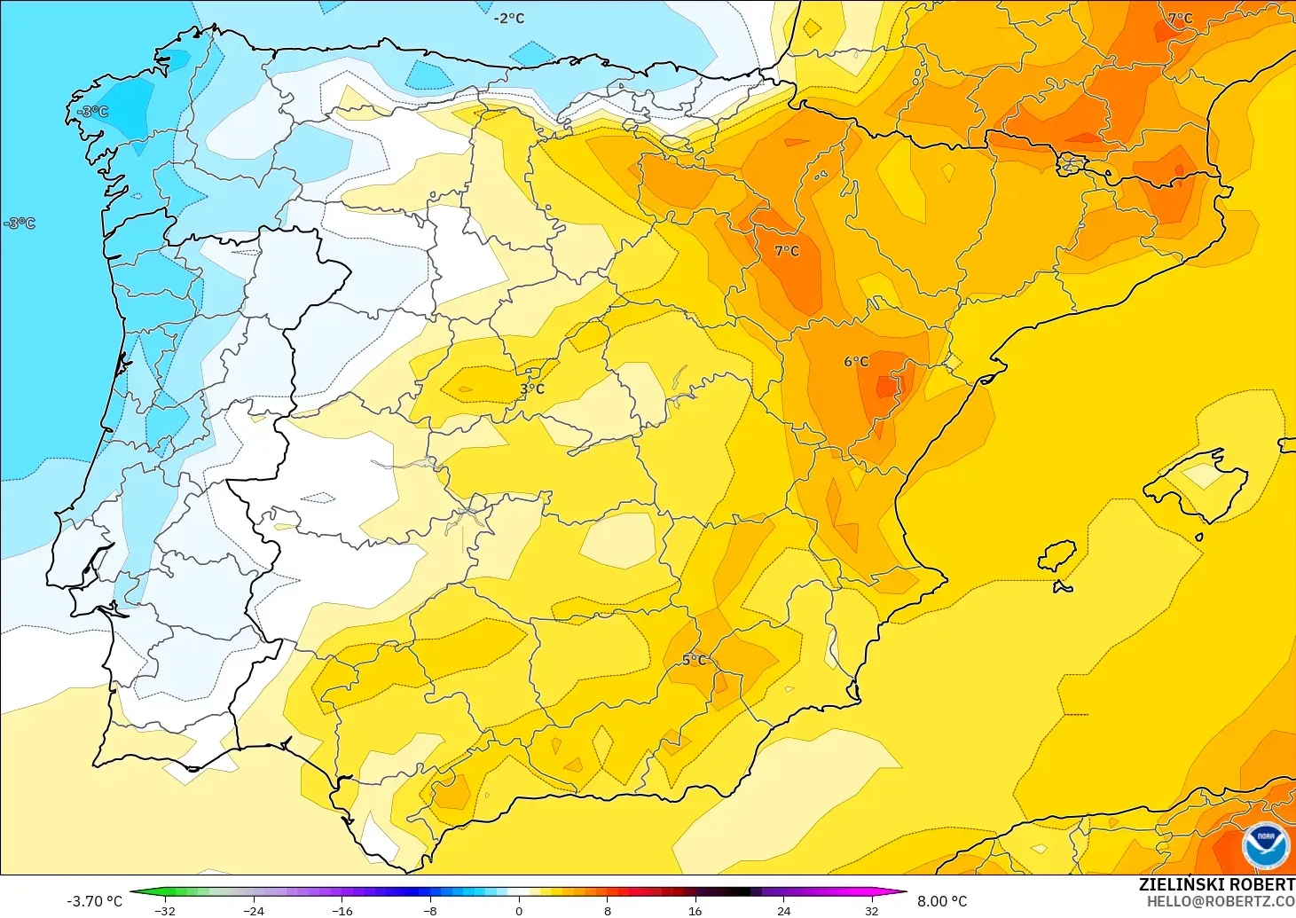 GFS model - Spain, Temperature at 850hPa Anomaly