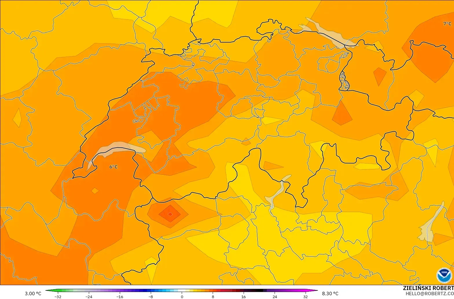 GFS model - Switzerland, Temperature at 850hPa Anomaly