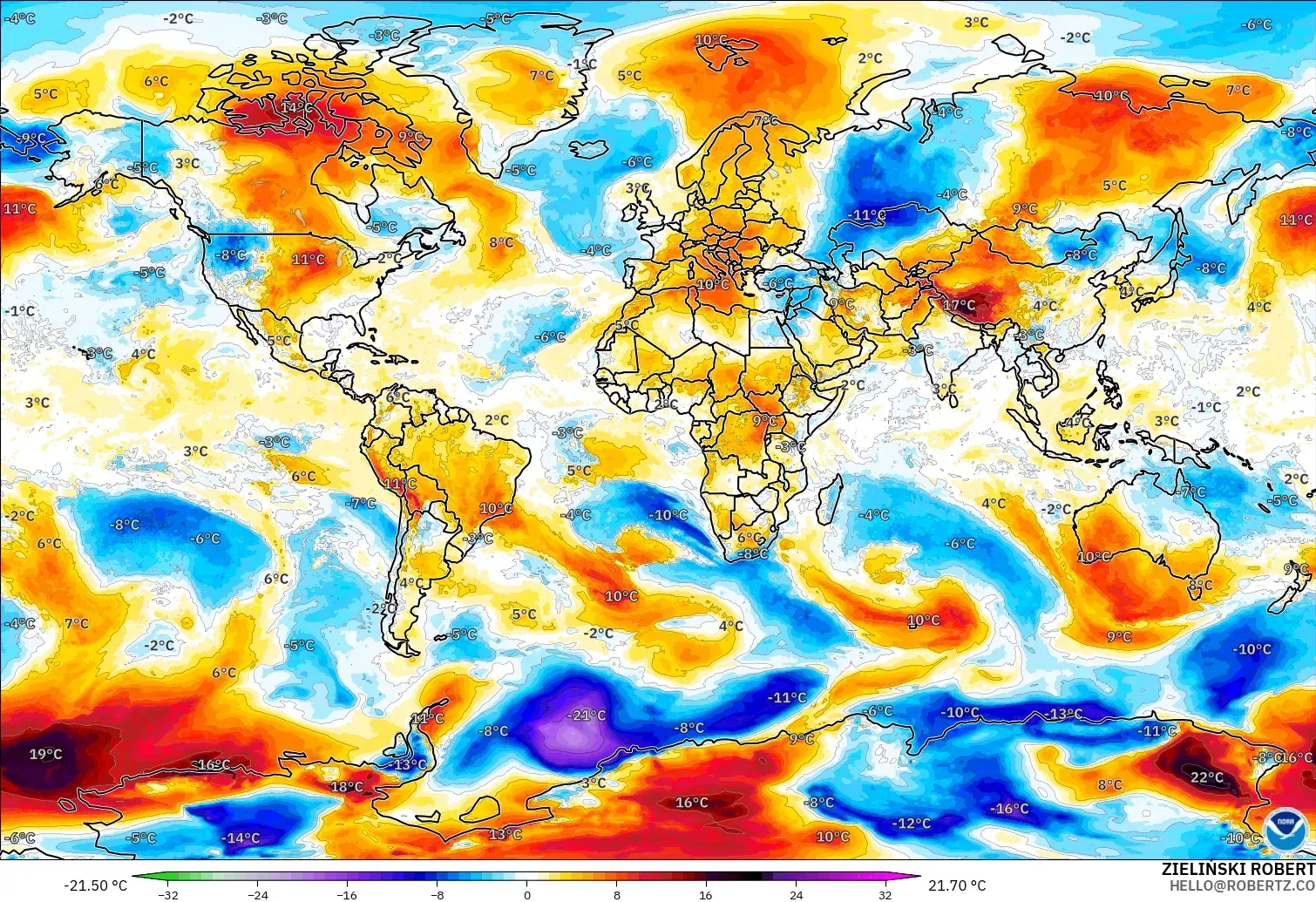 GFS model - World, Temperature at 850hPa Anomaly