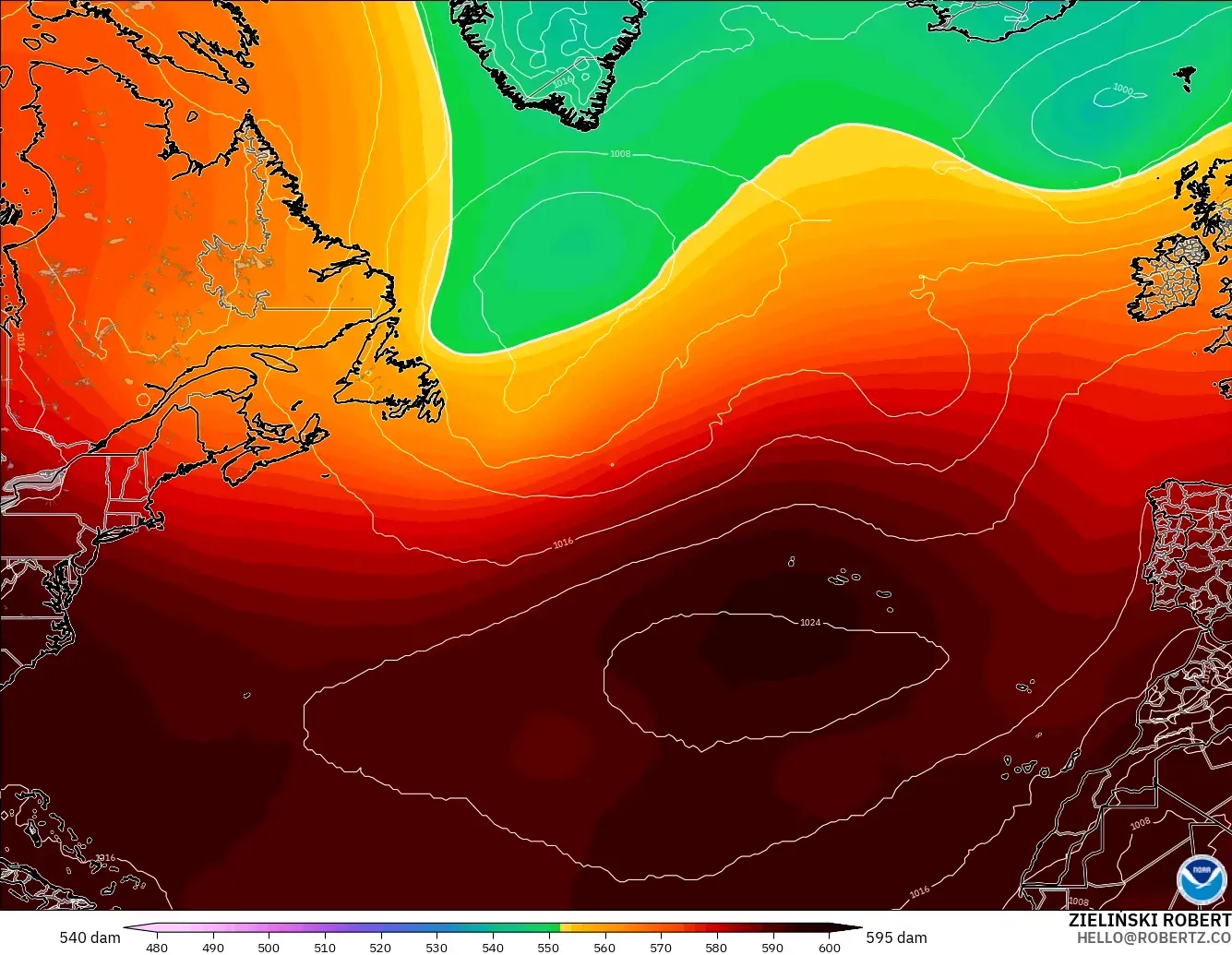 GFS model - North Atlantic, Geopotential height at 500hPa