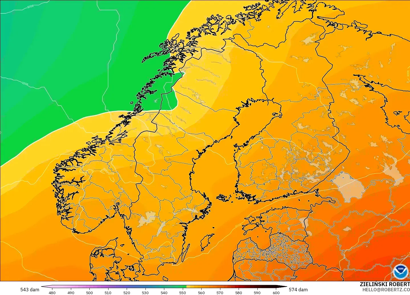 GFS model - Scandinavia, Geopotential height at 500hPa