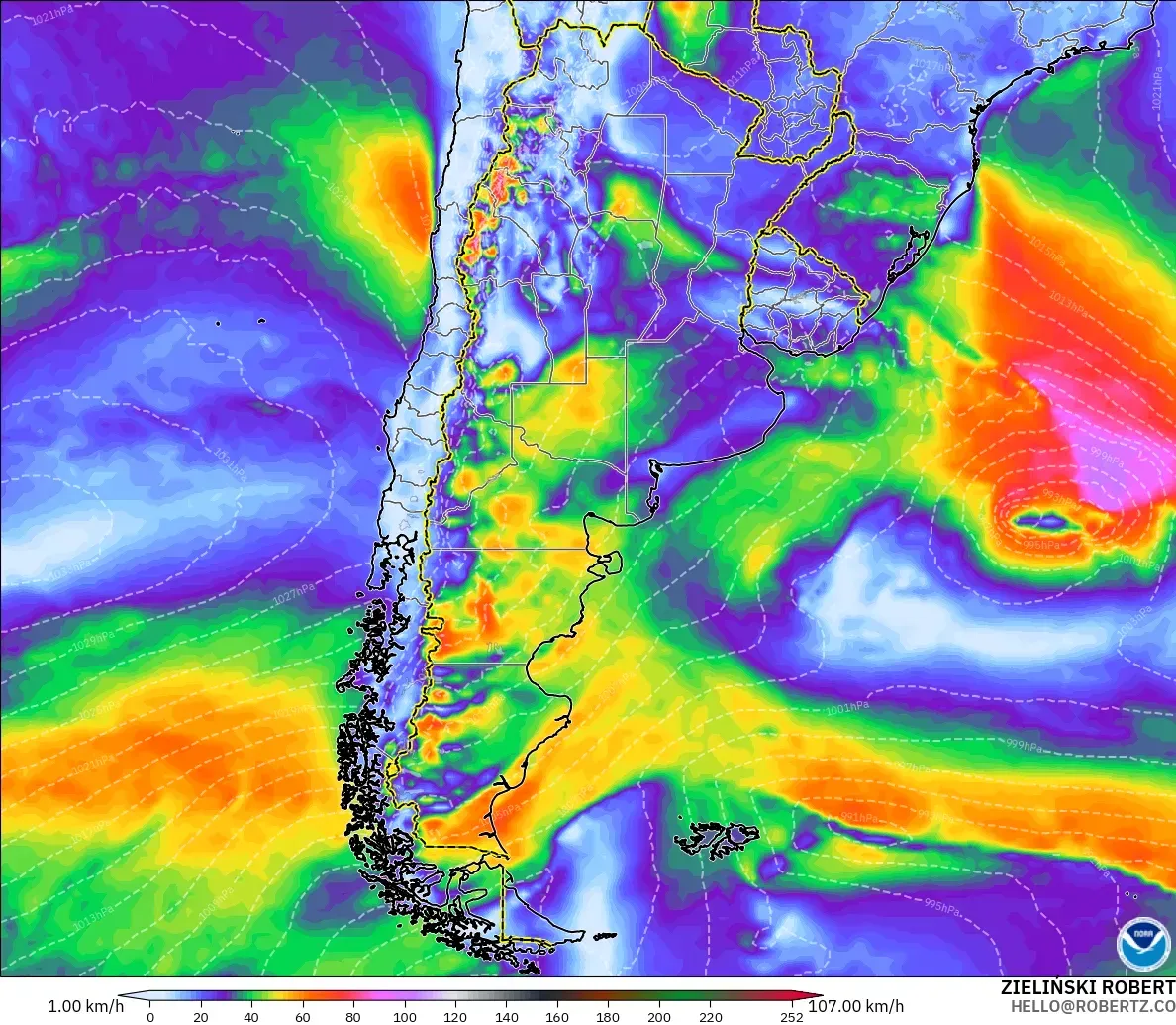 GFS model - Argentina, Wind Gusts