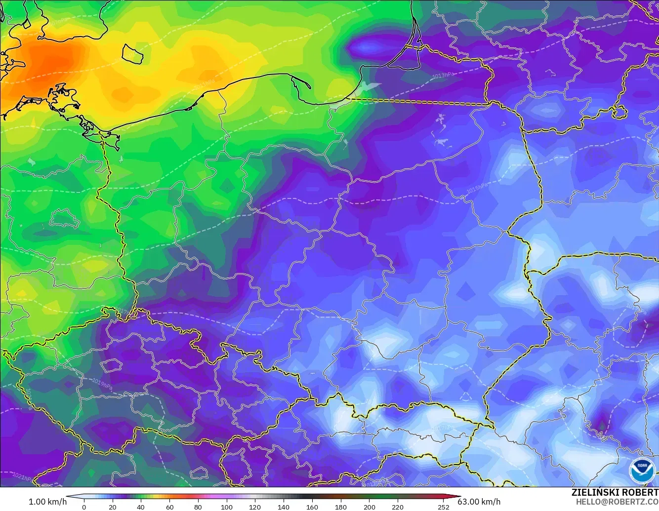 GFS model - Poland, Wind Gusts
