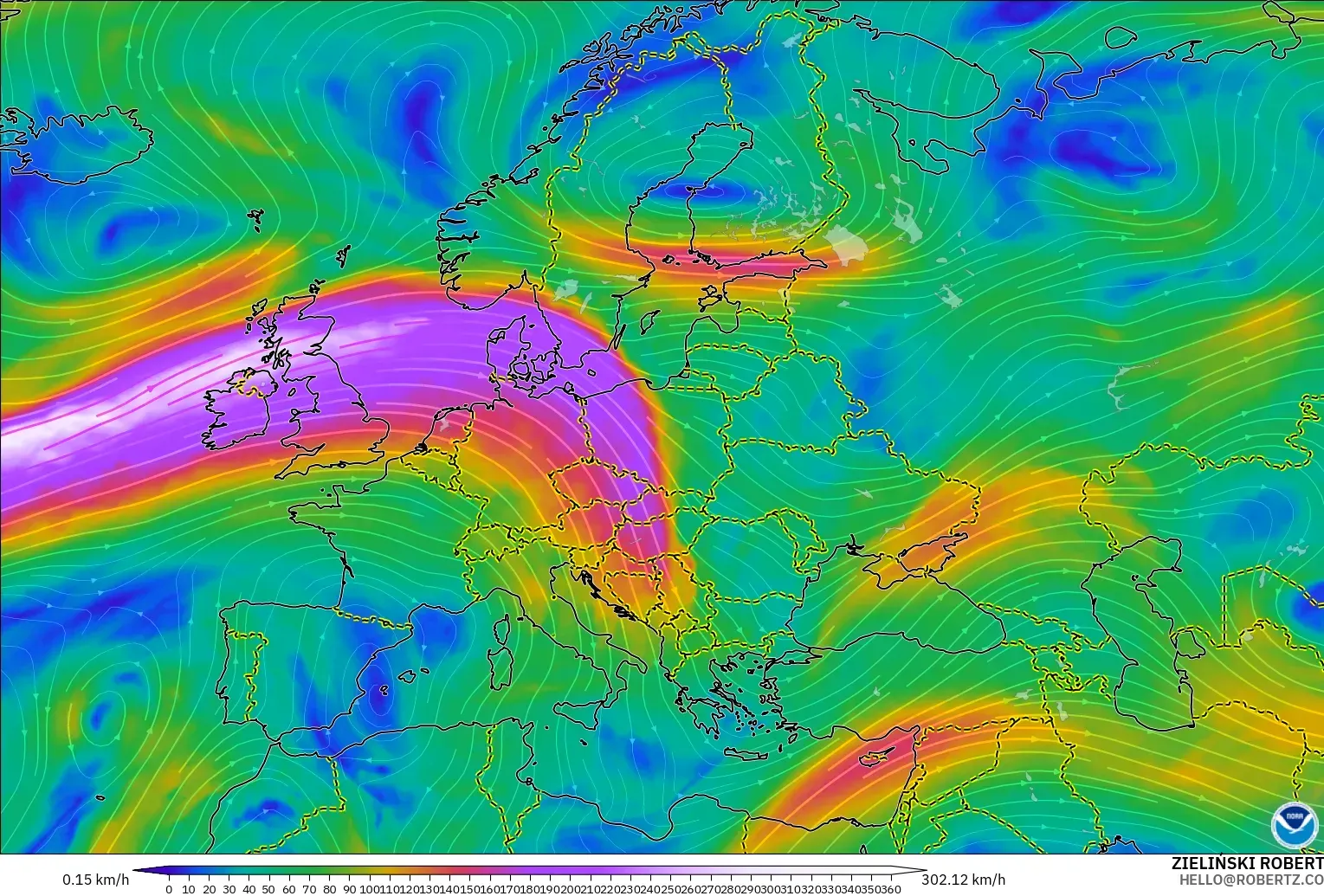 GFS model - Europe, Wind at 300hPa (jet stream)