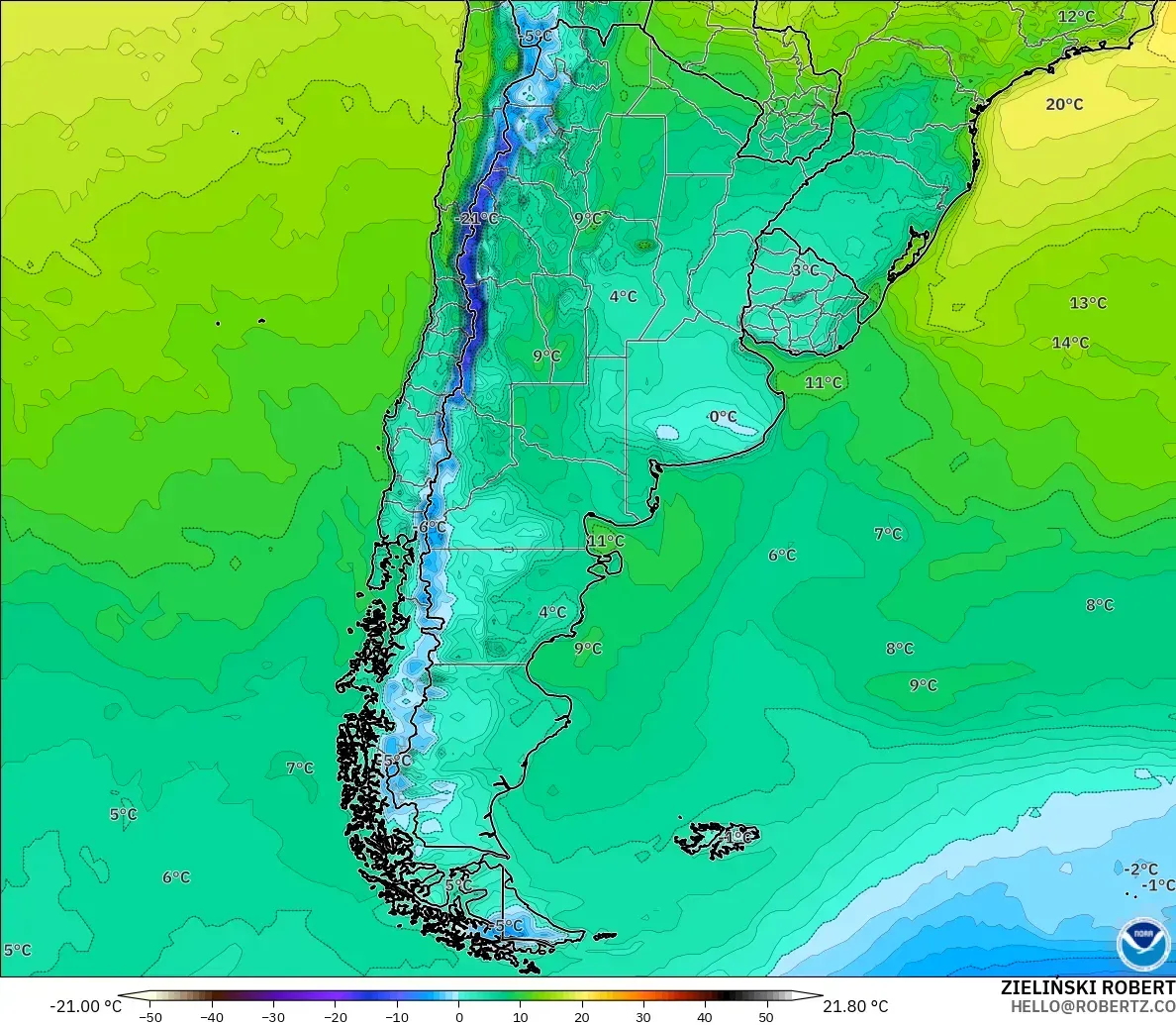GFS model - Argentina, Temperature at 2m