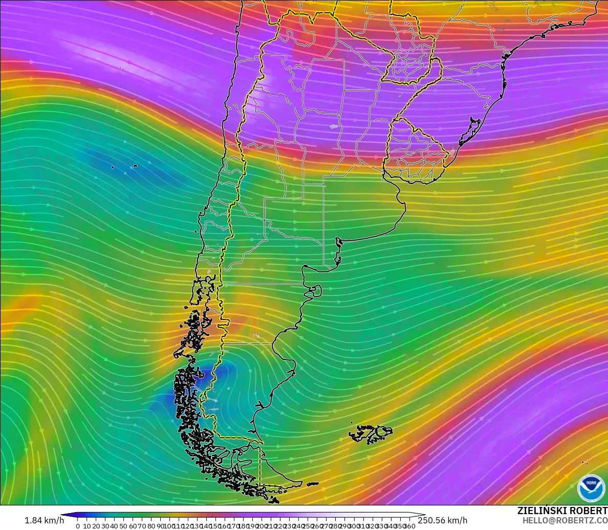 GFS model - Argentina, Wind at 300hPa (jet stream)