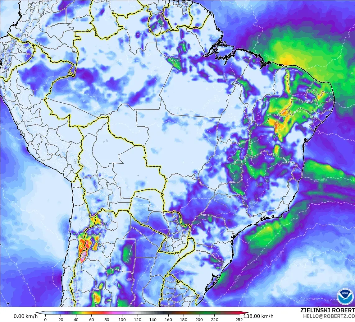 GFS model - Brazil, Wind Gusts