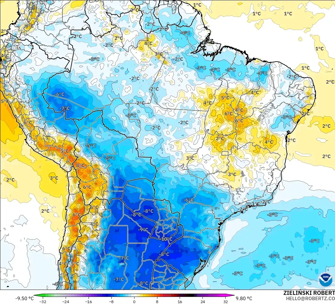 GFS model - Brazil, Temperature at 2m Anomaly