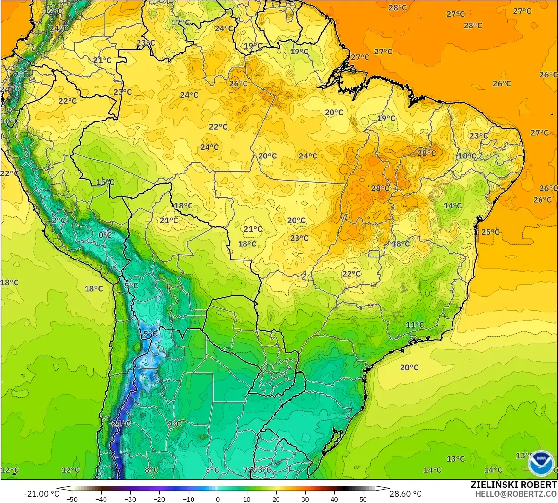 GFS model - Brazil, Temperature at 2m
