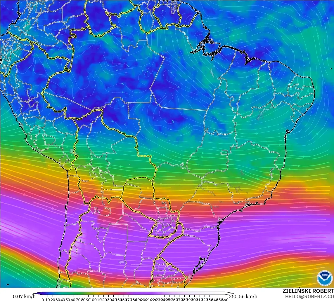 GFS model - Brazil, Wind at 300hPa (jet stream)