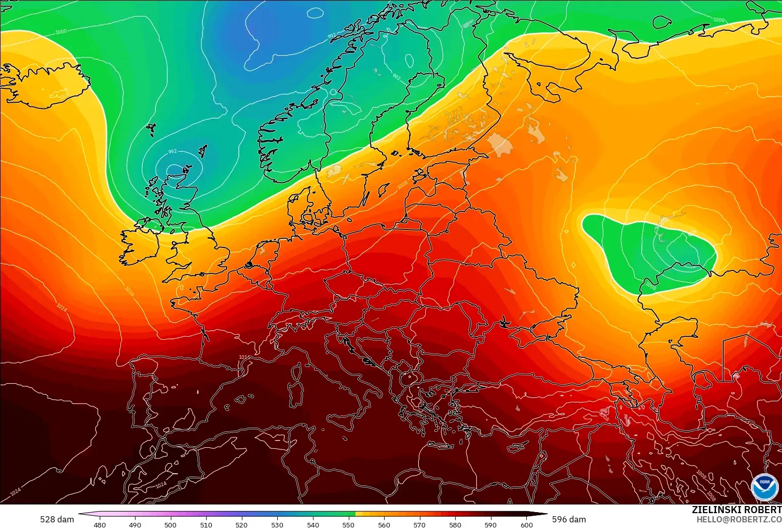 GFS model - Europe, Geopotential height at 500hPa
