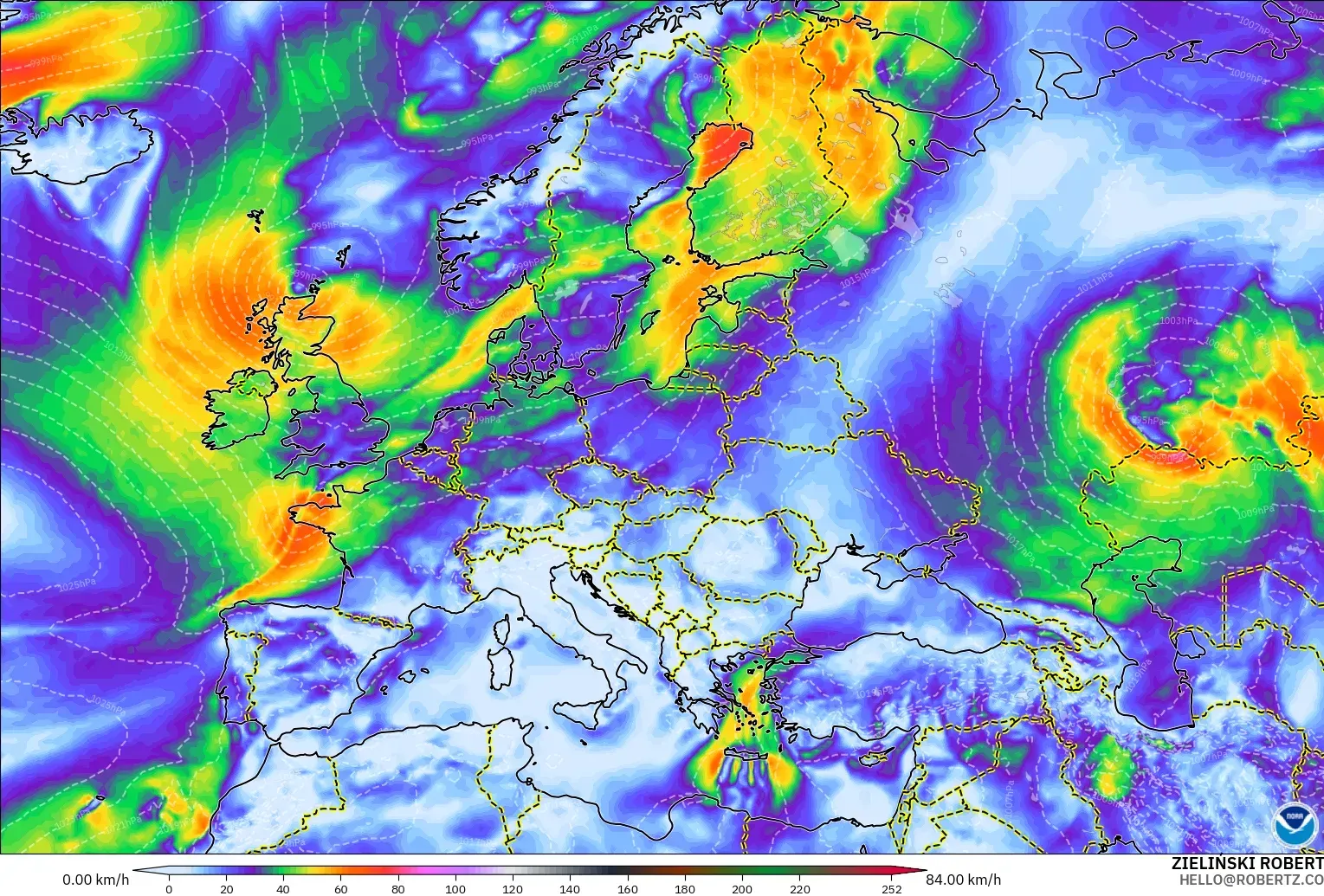GFS model - Europe, Wind Gusts
