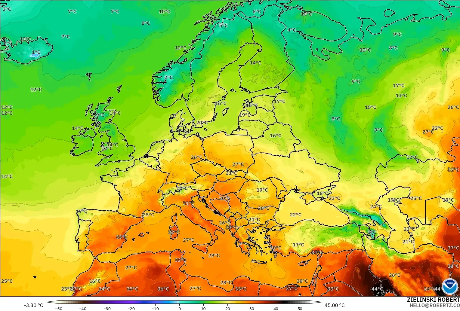 GFS model - Europe, Temperature at 2m