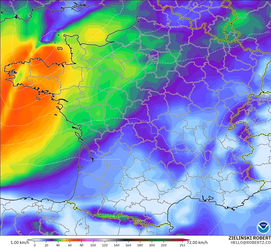 GFS model - France, Wind Gusts