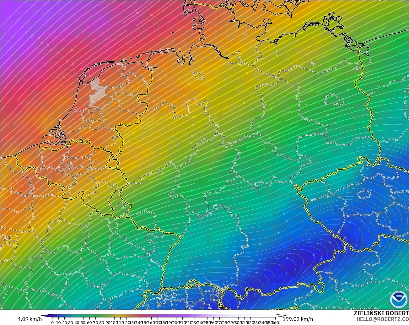 GFS model - Germany, Wind at 300hPa (jet stream)