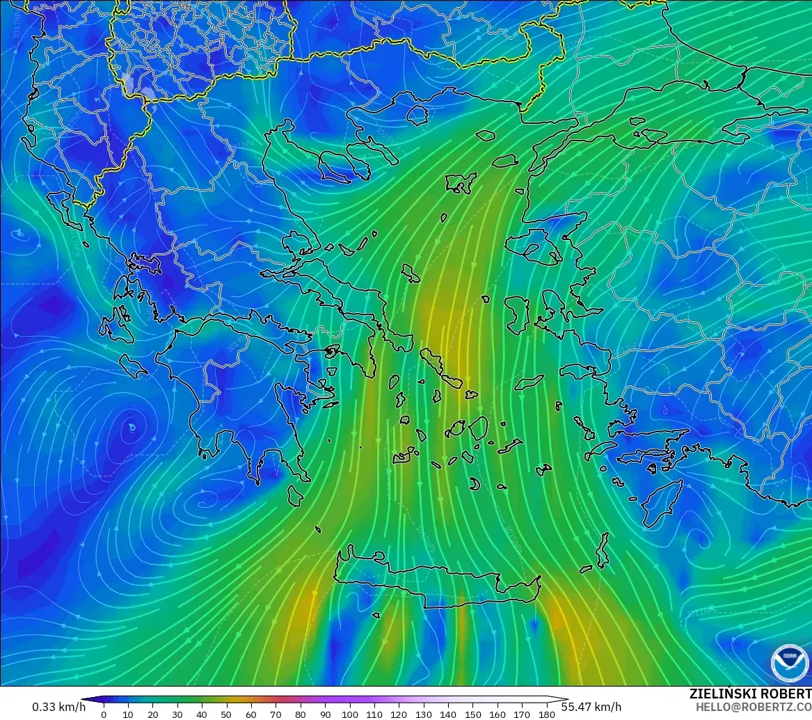 GFS model - Greece, Wind at 10m
