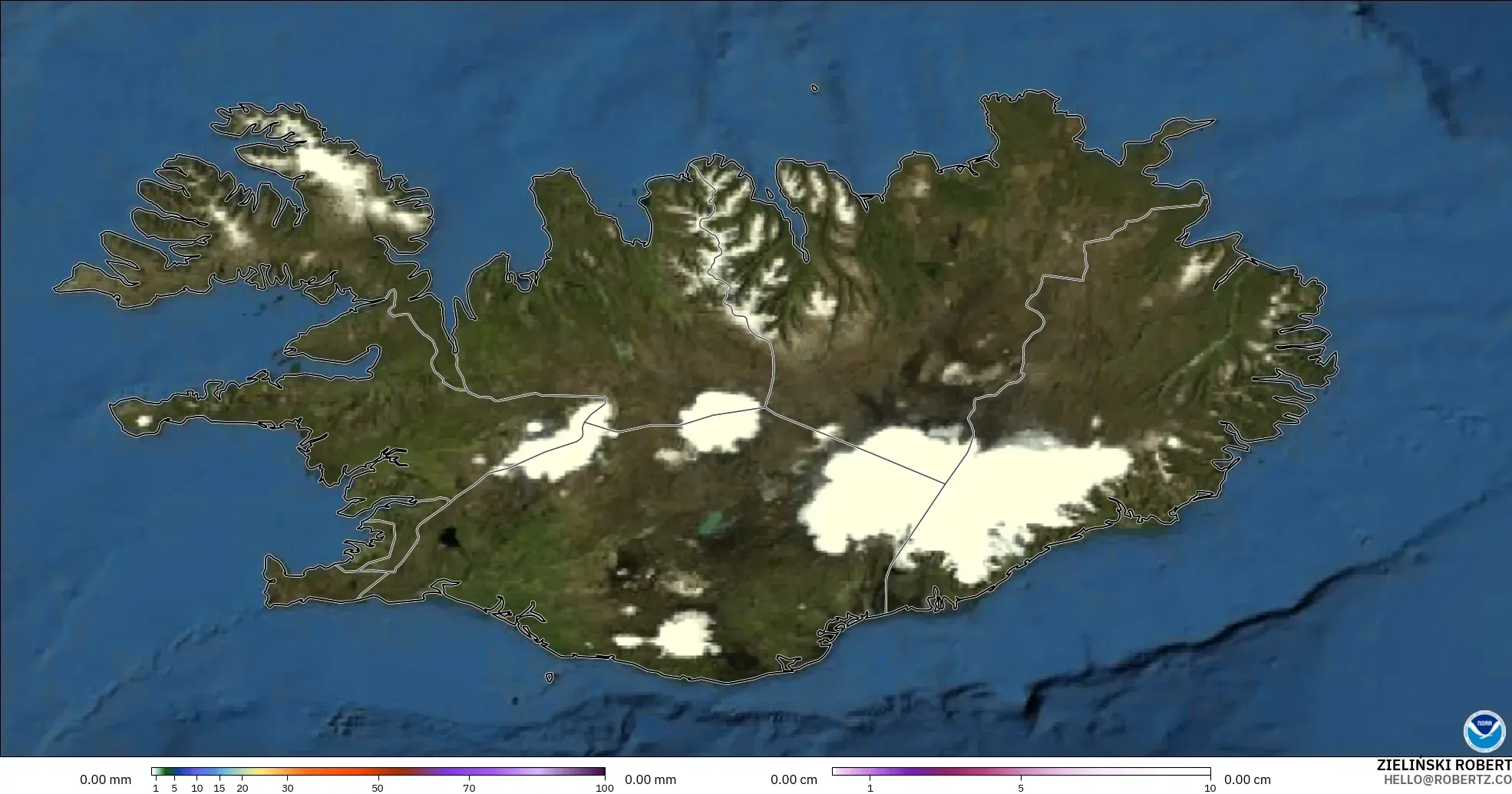 GFS model - Iceland, Precipitation, Clouds, and Pressure