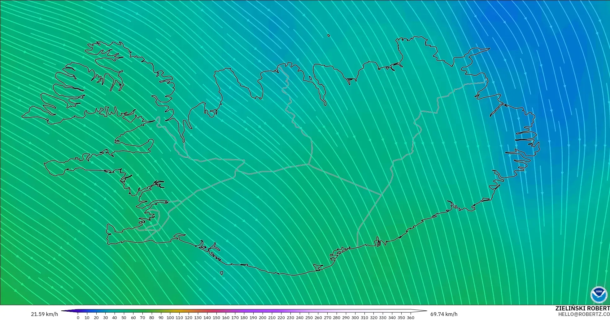 GFS model - Iceland, Wind at 300hPa (jet stream)