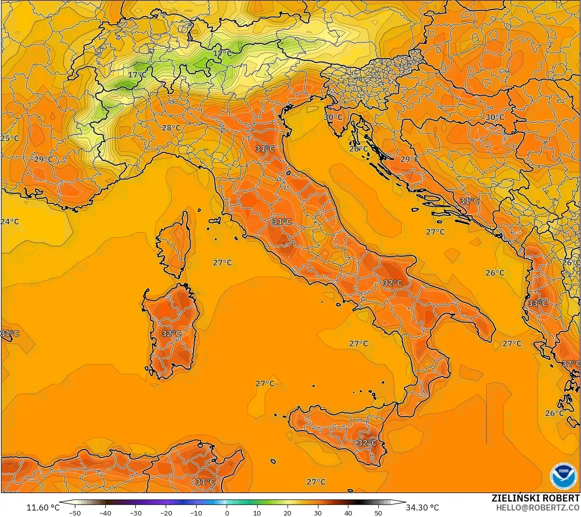 GFS model - Italy, Temperature at 2m