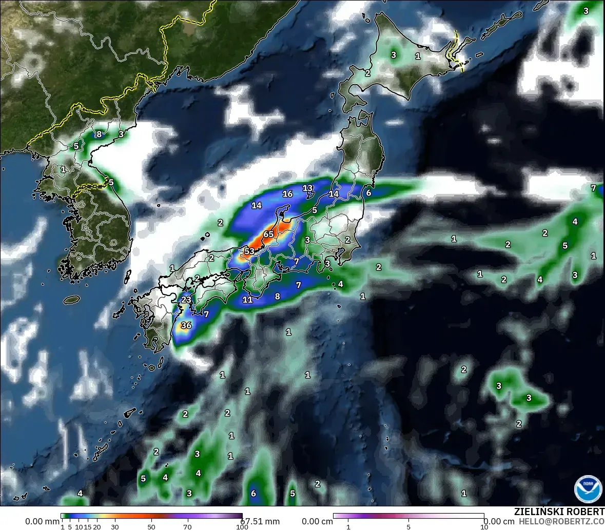 GFS model - Japan, Precipitation, Clouds, and Pressure