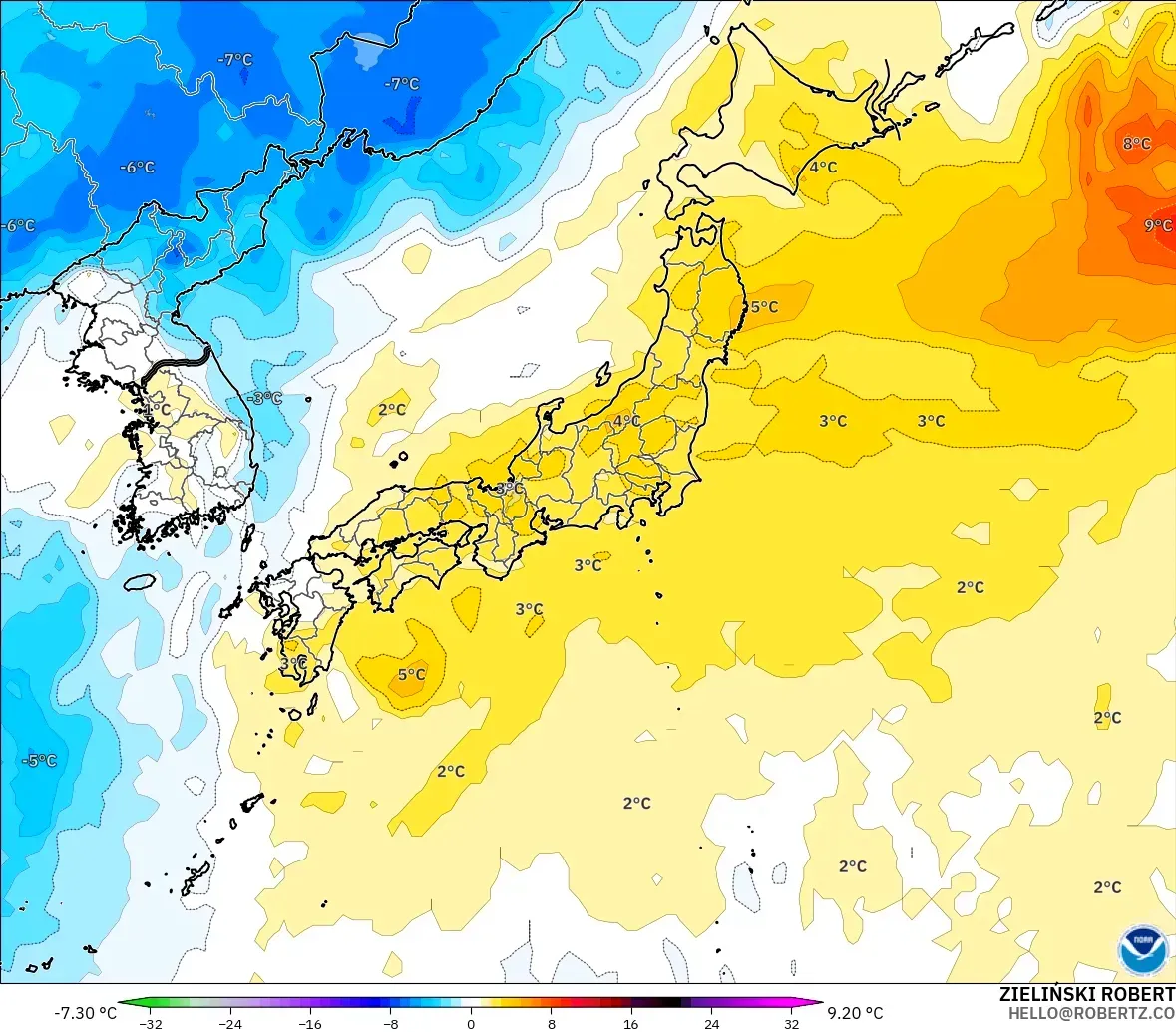 GFS model - Japan, Temperature at 850hPa Anomaly