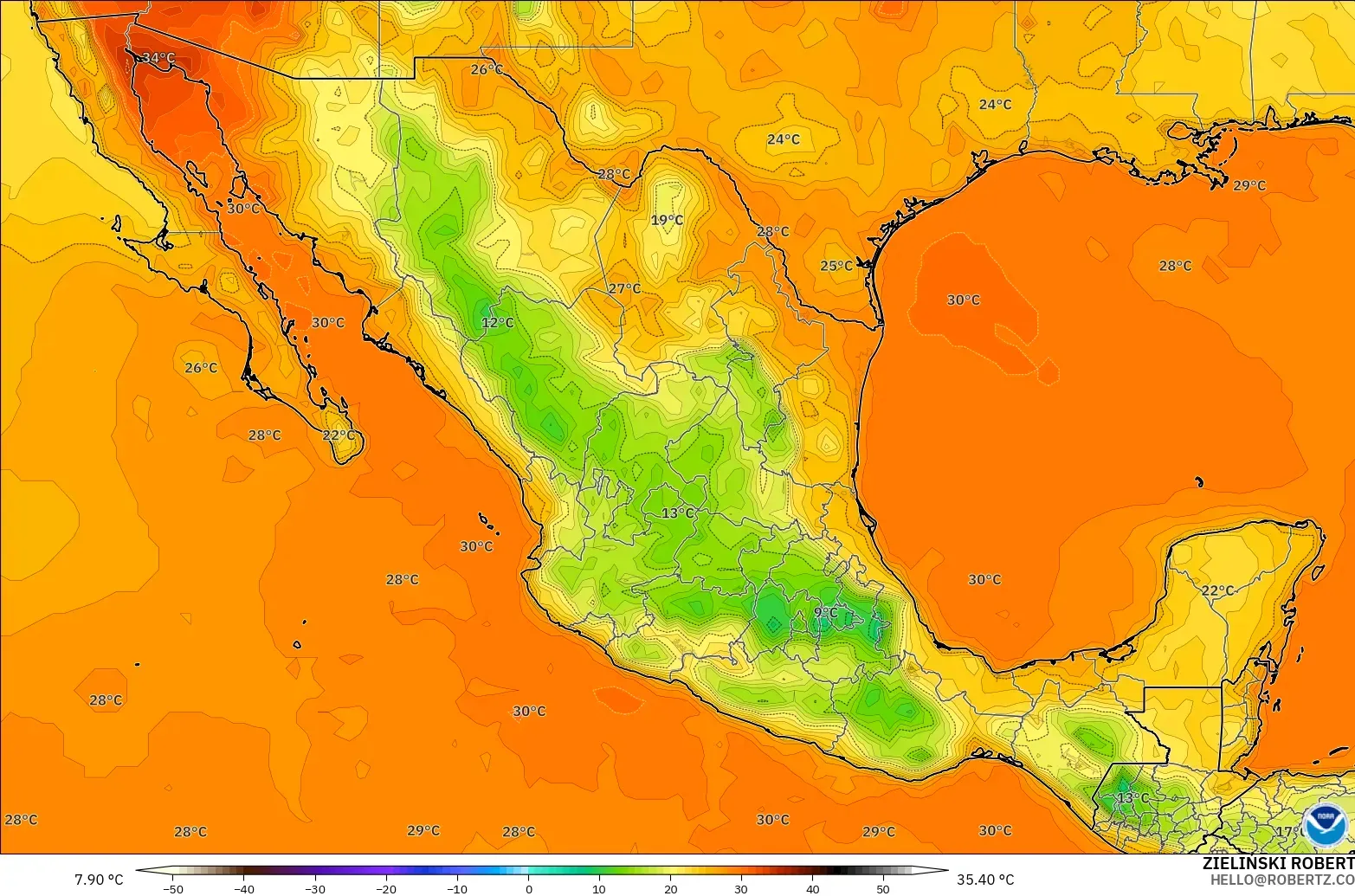 GFS model - Mexico, Temperature at 2m