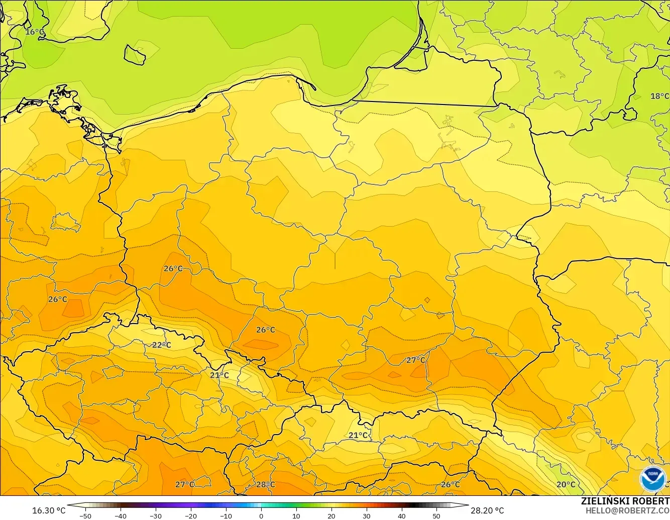 GFS model - Poland, Temperature at 2m